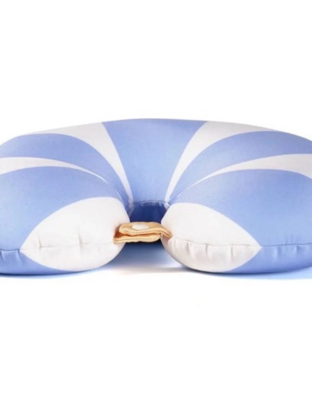 Travel Neck Pillow blue and white striped goes from neck pillow to goose stuffy